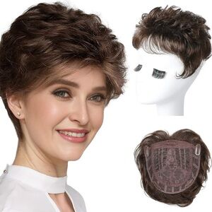Reecho Hair Topper Short DARK CHOCOLATE BROWN Clip In With Bangs Hair Piece NEW